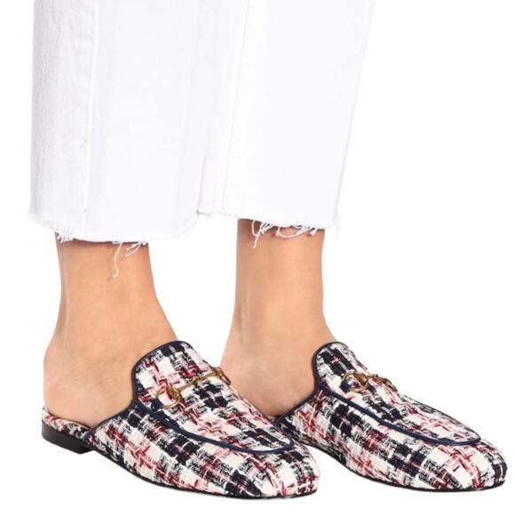 Gucci Shoes - Gucci Princetown Tweed Mules Horsebit Gardenia Ink Blue Size 36.5